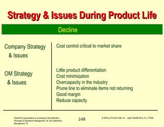 PowerPoint presentation to accompany Heizer/Render –
Principles of Operations Management, 5e, and Operations
Management, 7e
© 2004 by Prentice Hall, Inc., Upper Saddle River, N.J. 07458
2-69
Strategy & Issues During Product LifeStrategy & Issues During Product Life
Cost control critical to market share
Little product differentiation
Cost minimization
Overcapacity in the industry
Prune line to eliminate items not returning
Good margin
Reduce capacity
Company Strategy
& Issues
OM Strategy
& Issues
Decline
 