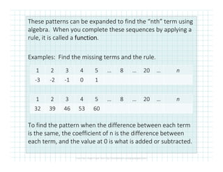 These patterns can be expanded to find the “nth” term using
algebra. When you complete these sequences by applying a
rule, it is called a functionfunctionfunctionfunction.
Examples: Find the missing terms and the rule.
1 2 3 4 5 … 8 … 20 … n
-3 -2 -1 0 1
To find the pattern when the difference between each term
is the same, the coefficient of n is the difference between
each term, and the value at 0 is what is added or subtracted.
1 2 3 4 5 … 8 … 20 … n
32 39 46 53 60
 