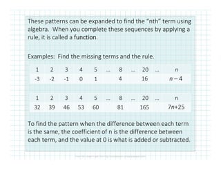 These patterns can be expanded to find the “nth” term using
algebra. When you complete these sequences by applying a
rule, it is called a functionfunctionfunctionfunction.
Examples: Find the missing terms and the rule.
1 2 3 4 5 … 8 … 20 … n
-3 -2 -1 0 1 4 16 n – 4
To find the pattern when the difference between each term
is the same, the coefficient of n is the difference between
each term, and the value at 0 is what is added or subtracted.
1 2 3 4 5 … 8 … 20 … n
32 39 46 53 60 81 165 7n+25
 