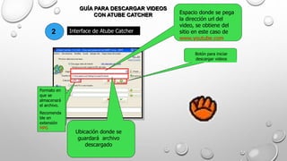 Interface de Atube Catcher
Espacio donde se pega
la dirección url del
video, se obtiene del
sitio en este caso de
www.youtube.com
Ubicación donde se
guardará archivo
descargado
Botón para iniciar
descargar videos
Formato en
que se
almacenará
el archivo.
Recomenda
ble en
extensión
MPG
GUÍA PARA DESCARGAR VIDEOS
CON ATUBE CATCHER
2
 