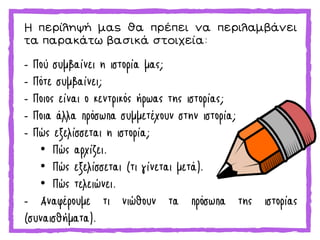 Η περίληψή μας θα πρέπει να περιλαμβάνει
τα παρακάτω βασικά στοιχεία:
- Πού συμβαίνει η ιστορία μας;
- Πότε συμβαίνει;
- Ποιος είναι ο κεντρικός ήρωας της ιστορίας;
- Ποια άλλα πρόσωπα συμμετέχουν στην ιστορία;
- Πώς εξελίσσεται η ιστορία;
• Πώς αρχίζει.
• Πώς εξελίσσεται (τι γίνεται μετά).
• Πώς τελειώνει.
- Αναφέρουμε τι νιώθουν τα πρόσωπα της ιστορίας
(συναισθήματα).
 