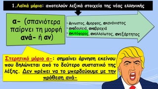 Στερητικό μόριο α-: σημαίνει άρνηση εκείνου
που δηλώνεται από το δεύτερο συστατικό της
λέξης. Δεν πρέπει να το μπερδεύουμε...