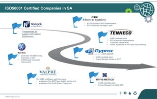 www.ncpc.co.za
ISO50001 Certified Companies in SA
The SABS certification audit team were:
• graduates of the IEEP Lead Auditor training; and
• graduates of the EnMS Expert Programme.
Compressed air
system optimisation
assessment.
• IEEP supported EnMS implementation.
• IEEP conducted the stage 1 audit.
• EnMS candidate plant.
• IEEP supported implementation.
• Conducted internal audit.
• Auditor a graduate of IEEP lead auditor training.
• Conducted 3 EnMS training
workshops on-site.
• EnMS Expert conducted
internal audit.
• EnMS candidate plant.
• Energy Manager trained by IEEP
• EnMS candidate plant.
• Energy Manager trained by IEEP.
 