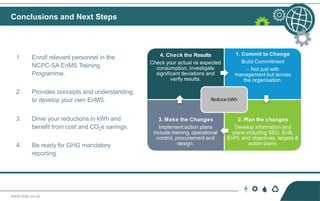 www.ncpc.co.za
1. Enroll relevant personnel in the
NCPC-SA EnMS Training
Programme.
2. Provides concepts and understanding
to develop your own EnMS.
3. Drive your reductions in kWh and
benefit from cost and CO2e savings.
4. Be ready for GHG mandatory
reporting.
Conclusions and Next Steps
4. Check the Results
Check your actual vs expected
consumption, investigate
significant deviations and
verify results.
1. Commit to Change
Build Commitment
– Not just with
management but across
the organisation.
3. Make the Changes
Implement action plans
include training, operational
control, procurement and
design.
2. Plan the changes
Develop information and
plans including SEU, EnB,
EnPI; and objectives, targets &
action plans.
Reduce kWh
 