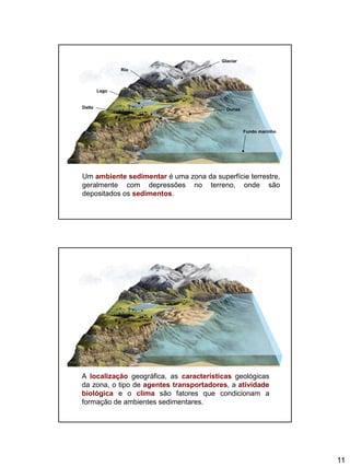 11
Um ambiente sedimentar é uma zona da superfície terrestre,
geralmente com depressões no terreno, onde são
depositados os sedimentos.
Glaciar
Lago
Rio
Delta Dunas
Fundo marinho
A localização geográfica, as características geológicas
da zona, o tipo de agentes transportadores, a atividade
biológica e o clima são fatores que condicionam a
formação de ambientes sedimentares.
 