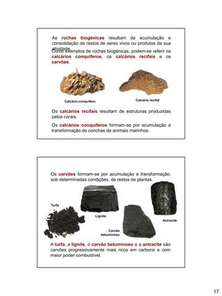 17
Os calcários recifais resultam de estruturas produzidas
pelos corais.
As rochas biogénicas resultam da acumulação e
consolidação de restos de seres vivos ou produtos da sua
atividade.
Os calcários conquíferos formam-se por acumulação e
transformação de conchas de animais marinhos.
Como exemplos de rochas biogénicas, podem-se referir os
calcários conquíferos, os calcários recifais e os
carvões.
Calcário conquífero Calcário recifal
Os carvões formam-se por acumulação e transformação,
sob determinadas condições, de restos de plantas.
A turfa, a lignite, o carvão betuminoso e a antracite são
carvões progressivamente mais ricos em carbono e com
maior poder combustível.
Turfa
Lignite
Carvão
betuminoso
Antracite
 