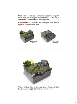 5
A formação de uma rocha sedimentar depende, em geral,
de um conjunto de etapas: a meteorização, a erosão, o
transporte, a sedimentação e a diagénese.
A meteorização consiste na alteração das rochas
expostas à superfície da Terra.
Meteorização
física
Meteorização
química
A rocha está sujeita a uma meteorização física quando é
desagregada por ação do clima ou dos seres vivos.
 