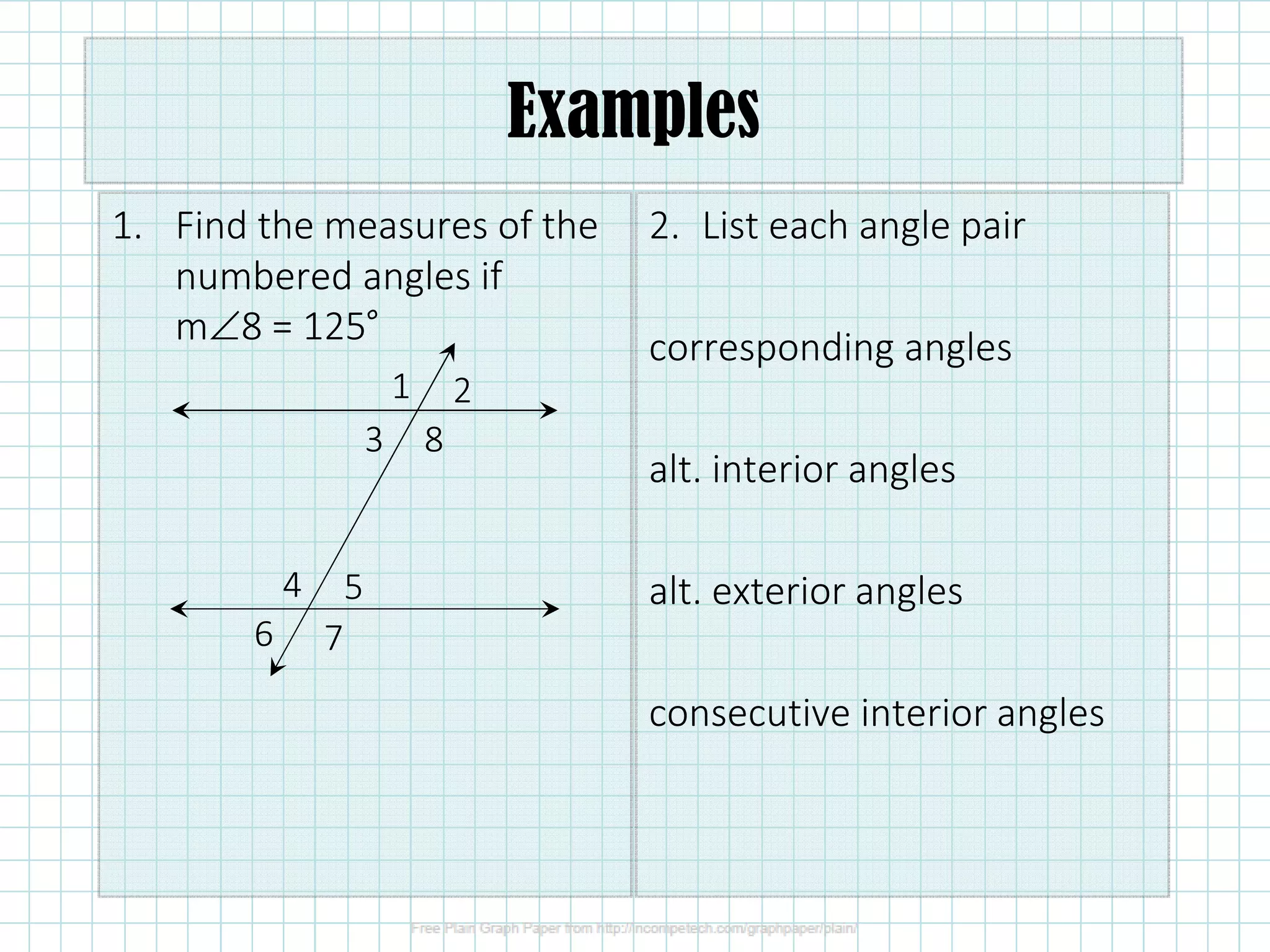 1. Find the measures of the
numbered angles if
m∠8 = 125˚
2. List each angle pair
corresponding angles
alt. interior angles
alt. exterior angles
consecutive interior angles
1 2
3 8
4 5
6 7
Examples
 