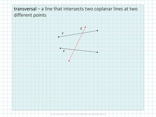 transversaltransversaltransversaltransversal – a line that intersects two coplanar lines at two
different points
r
s
t
 