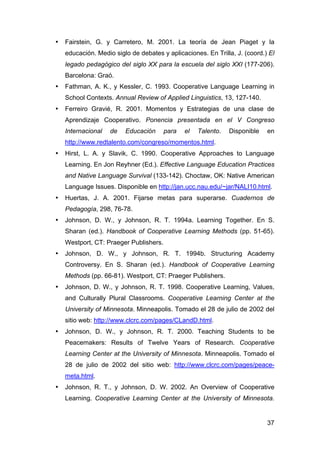 37
• Fairstein, G. y Carretero, M. 2001. La teoría de Jean Piaget y la
educación. Medio siglo de debates y aplicaciones. En Trilla, J. (coord.) El
legado pedagógico del siglo XX para la escuela del siglo XXI (177-206).
Barcelona: Graó.
• Fathman, A. K., y Kessler, C. 1993. Cooperative Language Learning in
School Contexts. Annual Review of Applied Linguistics, 13, 127-140.
• Ferreiro Gravié, R. 2001. Momentos y Estrategias de una clase de
Aprendizaje Cooperativo. Ponencia presentada en el V Congreso
Internacional de Educación para el Talento. Disponible en
http://www.redtalento.com/congreso/momentos.html.
• Hirst, L. A. y Slavik, C. 1990. Cooperative Approaches to Language
Learning. En Jon Reyhner (Ed.). Effective Language Education Practices
and Native Language Survival (133-142). Choctaw, OK: Native American
Language Issues. Disponible en http://jan.ucc.nau.edu/~jar/NALI10.html.
• Huertas, J. A. 2001. Fijarse metas para superarse. Cuadernos de
Pedagogía, 298, 76-78.
• Johnson, D. W., y Johnson, R. T. 1994a. Learning Together. En S.
Sharan (ed.). Handbook of Cooperative Learning Methods (pp. 51-65).
Westport, CT: Praeger Publishers.
• Johnson, D. W., y Johnson, R. T. 1994b. Structuring Academy
Controversy. En S. Sharan (ed.). Handbook of Cooperative Learning
Methods (pp. 66-81). Westport, CT: Praeger Publishers.
• Johnson, D. W., y Johnson, R. T. 1998. Cooperative Learning, Values,
and Culturally Plural Classrooms. Cooperative Learning Center at the
University of Minnesota. Minneapolis. Tomado el 28 de julio de 2002 del
sitio web: http://www.clcrc.com/pages/CLandD.html.
• Johnson, D. W., y Johnson, R. T. 2000. Teaching Students to be
Peacemakers: Results of Twelve Years of Research. Cooperative
Learning Center at the University of Minnesota. Minneapolis. Tomado el
28 de julio de 2002 del sitio web: http://www.clcrc.com/pages/peace-
meta.html.
• Johnson, R. T., y Johnson, D. W. 2002. An Overview of Cooperative
Learning. Cooperative Learning Center at the University of Minnesota.
 