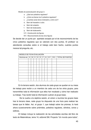 45
Modelo de autoevaluación del grupo 3.
a. ¿Qué son poliedros regulares?
b. ¿Cómo se llaman los 5 poliedros regulares?
c. ¿Cuántas caras tiene el tetraedro y cómo son?
d. Ídem del hexaedro o cubo.
e. Ídem del octaedro.
f. Ídem del dodecaedro.
g. Ídem del dodecaedro.
C.F.- Construcción de figuras.
R.F.- Reconocimiento de las cinco figuras
Se decide dar un punto por apartado excepto por el de reconocimiento de los
cinco poliedros regulares que se valorará con dos puntos. El profesor va
atendiendo consultas sobre si el trabajo está bien hecho, cuántos puntos
merece tal pregunta, etc.
MODELO DE FICHA EVALUACIÓN
Alumnos-as A B C D E F G C.F. R.C. TOTAL DE PUNTOS
En la tercera sesión, dos alumnos de cada grupo se quedan en su mesa
de trabajo para recibir a un miembro de cada uno de los otros grupos, para
transmitirles toda la información que ellos han recabado y cómo han realizado
su trabajo. Tras recibir toda la información vuelven al grupo base.
De la cuarta a la séptima sesión, al volver a reunirse los grupos base
tras la tercera clase, cada grupo ha dispuesto de una hora para realizar las
tareas que le faltan. Así, el grupo 1, que trabajó sobre los prismas, lo hará
ahora sucesivamente sobre pirámides, poliedros regulares, cilindros, conos y
esferas.
El trabajo incluye la realización de las actividades escritas del libro de
texto de Matemáticas, tema 14, editorial SM, Proyecto “Un mundo para todos”.
 