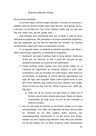 51
o Seguir las reglas de un juego.
Secuencia de actividades
La primera sesión será de trabajo individual y consistirá en reconocer y
clasificar cada uno de los animales según sean del circo, de la granja, del zoo,
o de casa. Los animales son: "lion, horse, elephant, rabbit, cow, cat, dog, bee,
frog, bird, snake, bear, pig, fish, giraffe, rhino".
Esta actividad será fundamental para que se lleven a cabo de forma
adecuada las posteriores, más centradas en el propio aprendizaje cooperativo.
Hay que asegurarse que los alumnos aprendan los animales, los escriban
correctamente y sepan decir alguna característica concreta.
En la segunda sesión, se realizará la actividad específica para llevar a
cabo el aprendizaje cooperativo; su desarrollo es el siguiente:
1. Explicación por parte el profesor (será la única relación directa que
tendrá con sus alumnos, ya que a partir del momento en que
empiece la actividad, su rol será de mero observador).
2. Cuatro alumnos (serán aquellos que más puntos tengan en el
cuadrante de seguimiento de conducta) elegirán a otros cinco
compañeros y una vez formados los cuatro grupos, entre todos sus
componentes, se asignarán un animal diferente dependiendo qué
lugar les haya sido asignado. Estos cuatro lugares serán el circo
(lion, horse, elephant, dog, snake) el zoo (lion, elephant, bear, giraffe,
rhino), la casa (cat, dog, bird, fish, rabbit), la granja (cow, rabbit, pig,
frog, bee).
a. Cada uno de los rincones del aula tendrá un rótulo con el
nombre a donde debe dirigirse cada grupo. Serán los propios
componentes de cada grupo los que se irán indicando la
dirección correcta.
3. Una vez que todos los alumnos se encuentran situados en su lugar
correspondiente, y por orden, los integrantes del grupo del zoo serán
los visitantes de los otros lugares. Estos alumnos, que
momentáneamente abandonarán el rol del animal que tengan,
visitarán los otros lugares preguntándose entre ellos qué animales
son los que pueden ver y se hacen preguntas sobre características
 