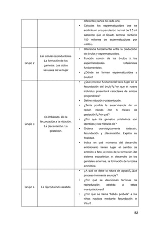 82
diferentes partes de cada uno.
• Calculas los espermatozoides que se
emitirán en una yaculación normal de 3.5 ml
sabiendo que el líquido seminal contiene
100 millones de espermatozoides por
mililitro.
Grupo 2
Las células reproductoras.
La formación de los
gametos. Los ciclos
sexuales de la mujer
• Diferencia fundamental entre la producción
de óvulos y espermatozoides.
• Función común de los óvulos y los
espermatozoides. Diferencias
fundamentales.
• ¿Dónde se forman espermatozoides y
óvulos?
Grupo 3
El embarazo. De la
fecundación a la nidación.
La placentación. La
gestación.
• ¿Qué proceso fundamental tiene lugar en la
fecundación del óvulo?¿Por qué el nuevo
individuo presentará caracteres de ambos
progenitores?
• Define nidación y placentación.
• ¿Sería posible la supervivencia de un
recién nacido con 5 meses de
gestación?¿Por qué?
• ¿Por qué los gemelos univitelinos son
idénticos y los mellizos no?
• Ordena cronológicamente nidación,
fecundación y placentación. Explica su
finalidad.
• Indica en qué momento del desarrollo
embrionario tienen lugar el cambio de
embrión a feto, el inicio de la formación del
sistema esquelético, el desarrollo de los
genitales externos, la formación de la bolsa
amniótica.
Grupo 4 La reproducción asistida
• ¿A qué se debe la rotura de aguas?¿Qué
proceso inminente anuncia?
• ¿Por qué se denominan técnicas de
reproducción asistida a estas
manipulaciones?
• ¿Por qué se llama “bebés probeta” a los
niños nacidos mediante fecundación in
Vitro?
 