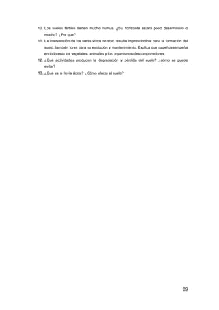 89
10. Los suelos fértiles tienen mucho humus. ¿Su horizonte estará poco desarrollado o
mucho? ¿Por qué?
11. La intervención de los seres vivos no solo resulta imprescindible para la formación del
suelo, también lo es para su evolución y mantenimiento. Explica que papel desempeña
en todo esto los vegetales, animales y los organismos descomponedores.
12. ¿Qué actividades producen la degradación y pérdida del suelo? ¿cómo se puede
evitar?
13. ¿Qué es la lluvia ácida? ¿Cómo afecta al suelo?
 