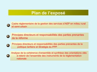 Plan de l’exposé
Principes directeurs et responsabilités des parties prenantes de la
politique tarifaire et Stratégie du PPP
Principes directeurs et responsabilités des parties prenantes
de la réforme
Cadre règlementaire de la gestion des services d’AEP en milieu rural
et semi-urbain
Analyse de la cohérence d’ensemble et synthèse des orientations clés
à retenir de l’ensemble des instruments de la règlementation
nationale
 