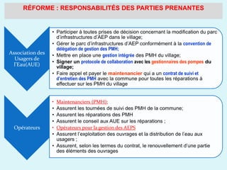 RÉFORME : RESPONSABILITÉS DES PARTIES PRENANTES
Association des
Usagers de
l’Eau(AUE)
• Participer à toutes prises de décision concernant la modification du parc
d’infrastructures d’AEP dans le village;
• Gérer le parc d’infrastructures d’AEP conformément à la convention de
délégation de gestion des PMH;
• Mettre en place une gestion intégrée des PMH du village;
• Signer un protocole de collaboration avec les gestionnaires des pompes du
village;
• Faire appel et payer le maintenancier qui a un contrat de suivi et
d’entretien des PMH avec la commune pour toutes les réparations à
effectuer sur les PMH du village
Opérateurs
• Maintenanciers (PMH):
• Assurent les tournées de suivi des PMH de la commune;
• Assurent les réparations des PMH
• Assurent le conseil aux AUE sur les réparations ;
• Opérateurs pour la gestion des AEPS
• Assurent l’exploitation des ouvrages et la distribution de l’eau aux
usagers ;
• Assurent, selon les termes du contrat, le renouvellement d’une partie
des éléments des ouvrages
 