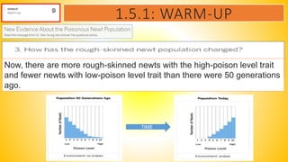 1.5.1: WARM-UP
Now, there are more rough-skinned newts with the high-poison level trait
and fewer newts with low-poison level trait than there were 50 generations
ago.
TIME
 