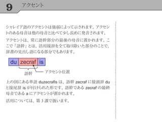 9 アクセント
シャレイア語のアクセントは強弱によって示されます。 アクセン
トのある母音は他の母音と比べて少し長めに発音されます。
アクセントは、 常に語幹部分の最後の母音に置かれます。 こ
こで 「語幹」 とは、 活用接辞を全て取り除いた部分のことで、
辞書の見出し語になる部分でもあります。
du iszecraf
語幹 アクセント位置
上の図にある単語 duzecrafis は、 語幹 zecraf に接頭辞 du
と接尾辞 is が付けられた形です。 語幹である zecraf の最終
母音である a にアクセントが置かれます。
活用については、 第 3 課で扱います。
 