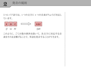 2 発音の規則
シャレイア語では、 1 つの文字に 1 つの音素がちょうど対応し
ています。
x a c
/ʃ/ /a/ /θ/
xac
/ʃaθ/
このように、 ごく少数の例外を除いて、 各文字に対応する音
素をそのまま繋げることで、 単語を発音することができます。
 