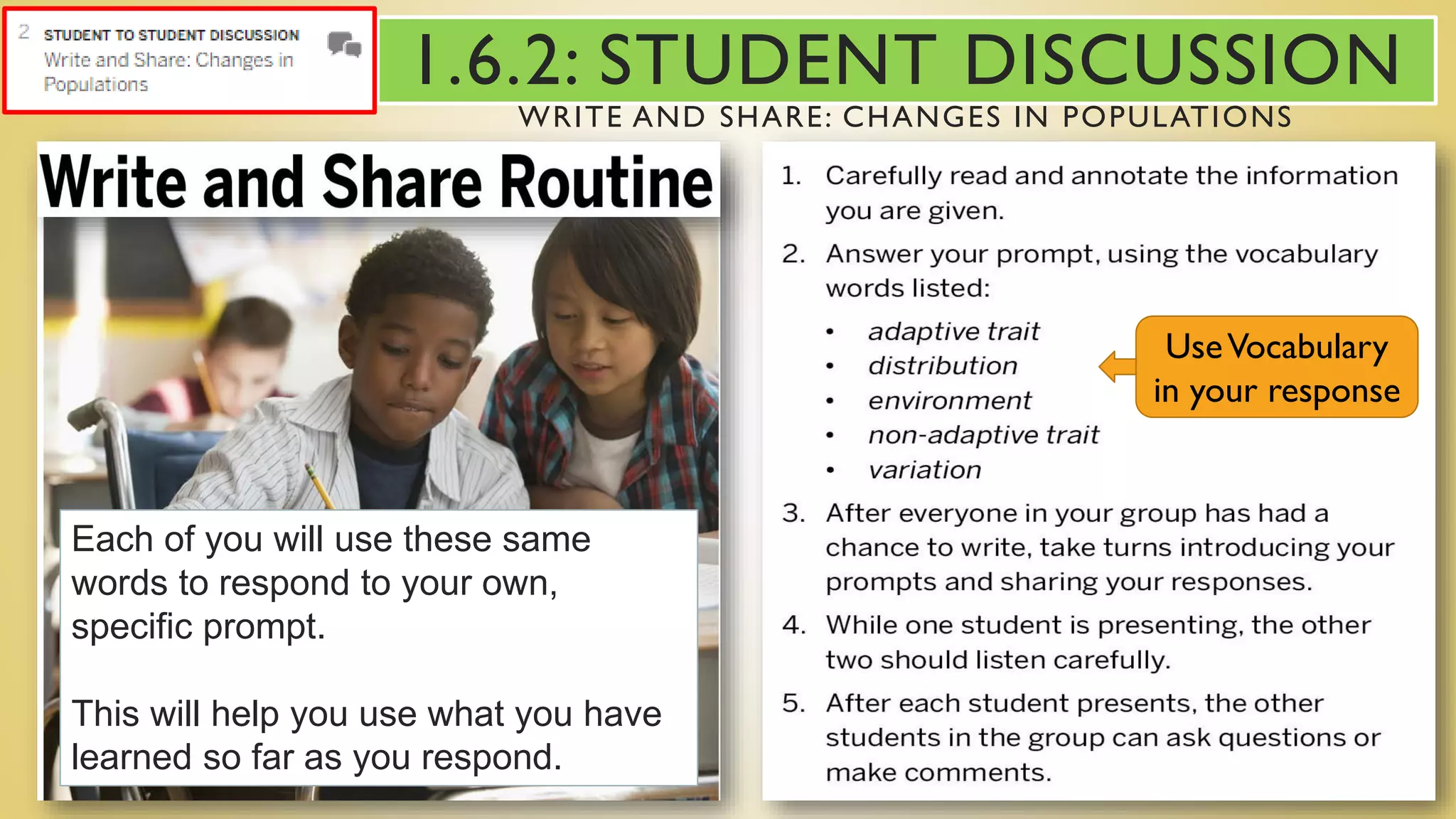 1.6.2: STUDENT DISCUSSION
WRITE AND SHARE: CHANGES IN POPULATIONS
UseVocabulary
in your response
Each of you will use these same
words to respond to your own,
specific prompt.
This will help you use what you have
learned so far as you respond.
 
