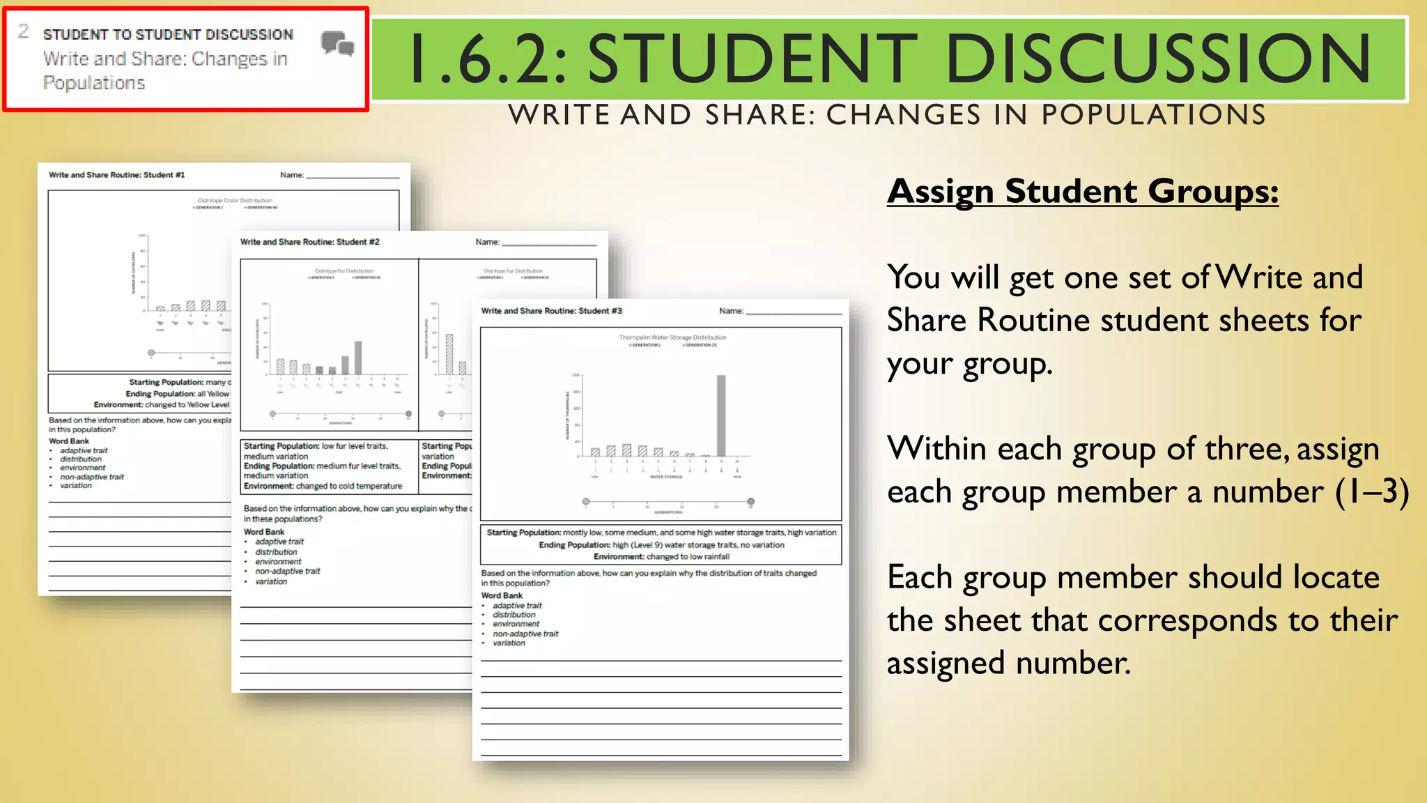Assign Student Groups:
You will get one set of Write and
Share Routine student sheets for
your group.
Within each group of three, assign
each group member a number (1–3)
Each group member should locate
the sheet that corresponds to their
assigned number.
1.6.2: STUDENT DISCUSSION
WRITE AND SHARE: CHANGES IN POPULATIONS
 
