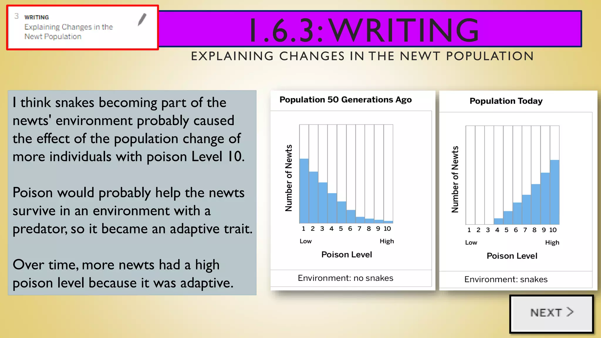 1.6.3:WRITING
EXPLAINING CHANGES IN THE NEWT POPULATION
I think snakes becoming part of the
newts' environment probably caused
the effect of the population change of
more individuals with poison Level 10.
Poison would probably help the newts
survive in an environment with a
predator, so it became an adaptive trait.
Over time, more newts had a high
poison level because it was adaptive.
 