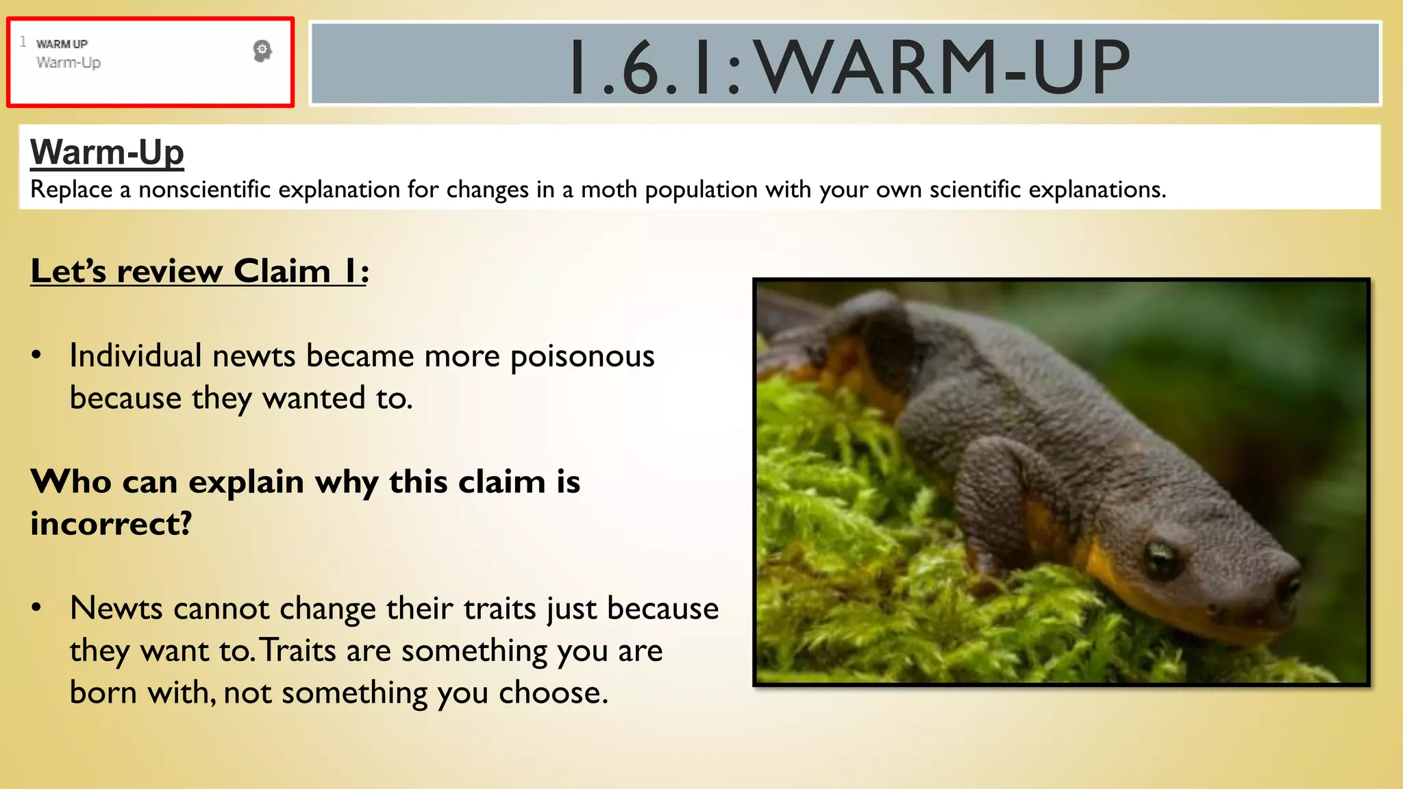 1.6.1:WARM-UP
Warm-Up
Replace a nonscientific explanation for changes in a moth population with your own scientific explanations.
Let’s review Claim 1:
• Individual newts became more poisonous
because they wanted to.
Who can explain why this claim is
incorrect?
• Newts cannot change their traits just because
they want to.Traits are something you are
born with, not something you choose.
 