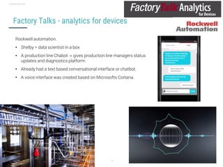 Conversational user interfaces. 14
CONFIDENTIAL
Factory Talks - analytics for devices
Rockwell automation.
• Shelby = data scientist in a box
• A production line Chabot -> gives production line managers status
updates and diagnostics platform.
• Already had a text based conversational interface or chatbot.
• A voice interface was created based on Microsofts Cortana.
 