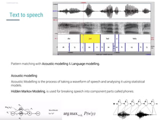 Conversational user interfaces. 28
CONFIDENTIAL
Text to speech
Pattern matching with Acoustic modelling & Language modelling.
Acoustic modelling
Acoustic Modelling is the process of taking a waveform of speech and analysing it using statistical
models.
Hidden Markov Modeling, is used for breaking speech into component parts called phones.
 