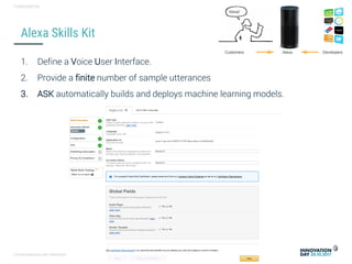 Conversational user interfaces. 35
CONFIDENTIAL
1. Define a Voice User Interface.
2. Provide a finite number of sample utterances
3. ASK automatically builds and deploys machine learning models.
Alexa Skills Kit
 