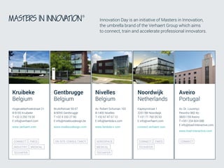 Conversational user interfaces. 49
CONFIDENTIAL
Innovation Day is an initiative of Masters in Innovation,
the umbrella brand of the Verhaert Group which aims
to connect, train and accelerate professional innovators.
Kruibeke
Belgium
Hogenakkerhoekstraat 21
B-9150 Kruibeke
T +32 3 250 19 00
E info@verhaert.com
www.verhaert.com
Nivelles
Belgium
Noordwijk
Netherlands
Av. Robert Schuman 102
B-1400 Nivelles
T +32 67 47 57 10
E info@lambda-x.com
www.lambda-x.com
Kapteynstraat 1
2201 BB Noordwijk
T +31 71 760 05 50
E info@verhaert.com
connect.verhaert.com
INDUSTRY
TECHXFER
MEDICAL
AEROSPACE
TECHXFER
FMCGCONNECT
TECHXFER
FMCGCONNECT
MEDICAL
Aveiro
Portugal
Av. Dr. Lourenço
Peixinho 96D 4o
3800-159 Aveiro
T +351 234 604 088
E info@load-interactive.com
www.load-interactive.com
CONNECT
Gentbrugge
Belgium
Bruiloftstraat 55-57
B-9050 Gentbrugge
T +32 9 330 27 90
E info@moebiusdesign.be
www.moebiusdesign.com
ON SITE CONSULTANCY
 