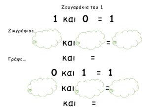 Ζευγαράκια του 1
1 και 0 = 1
Ζωγράφισε…
και =
Γράψε… και =
0 και 1 = 1
και =
και =
 
