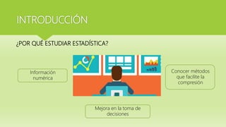 INTRODUCCIÓN
¿POR QUÉ ESTUDIAR ESTADÍSTICA?
Información
numérica
Mejora en la toma de
decisiones
Conocer métodos
que facilite la
compresión
 