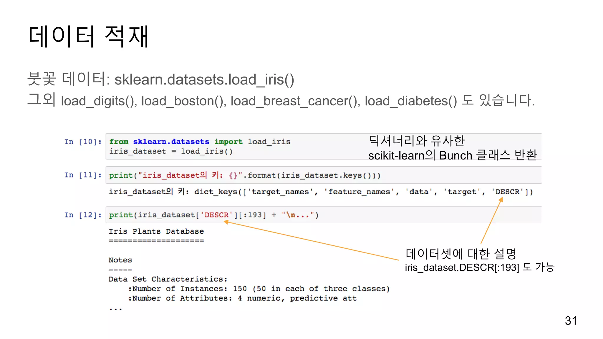 데이터 적재
붓꽃 데이터: sklearn.datasets.load_iris()
그외 load_digits(), load_boston(), load_breast_cancer(), load_diabetes() 도 있습니다.
31
딕셔너리와 유사한
scikit-learn의 Bunch 클래스 반환
데이터셋에 대한 설명
iris_dataset.DESCR[:193] 도 가능
 