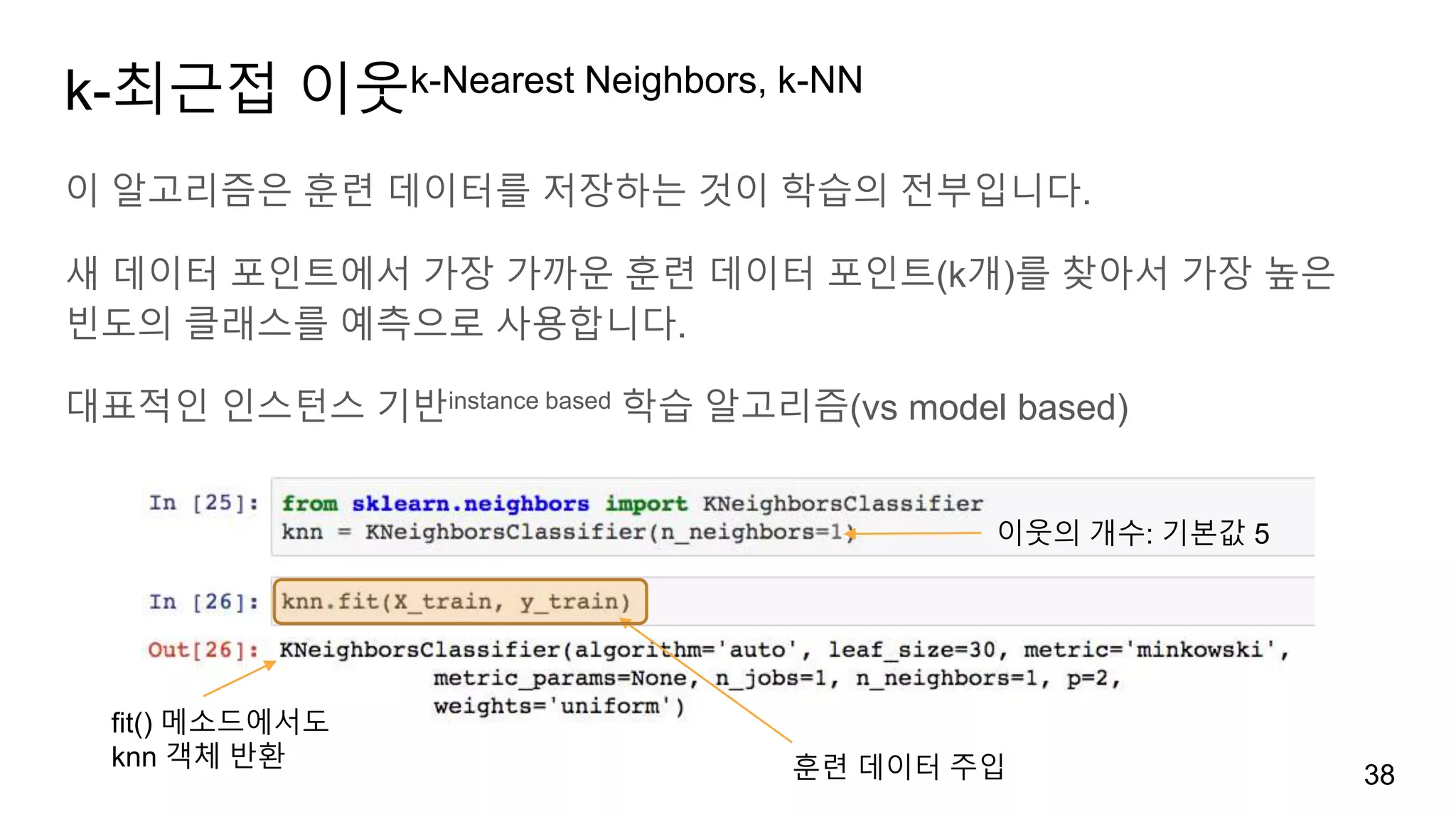 k-최근접 이웃k-Nearest Neighbors, k-NN
이 알고리즘은 훈련 데이터를 저장하는 것이 학습의 전부입니다.
새 데이터 포인트에서 가장 가까운 훈련 데이터 포인트(k개)를 찾아서 가장 높은
빈도의 클래스를 예측으로 사용합니다.
대표적인 인스턴스 기반instance based 학습 알고리즘(vs model based)
38
이웃의 개수: 기본값 5
fit() 메소드에서도
knn 객체 반환 훈련 데이터 주입
 
