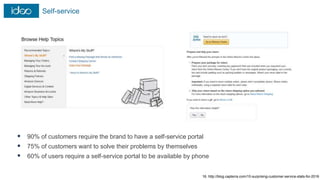 Self-service
16. http://blog.capterra.com/10-surprising-customer-service-stats-for-2016
 90% of customers require the brand to have a self-service portal
 75% of customers want to solve their problems by themselves
 60% of users require a self-service portal to be available by phone
 