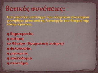 Ό,τι αποτελεί επίτευγμα του ελληνικού πολιτισμού
γεννήθηκε μέσα από τη λειτουργία του θεσμού της
πόλης-κράτους:
η δημοκρατία,
η ποίηση
το θέατρο (δραματική ποίηση)
η φιλοσοφία,
η ρητορεία,
η πολεοδομία
η επιστήμη
 