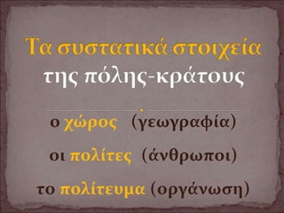 ο χώρος (γεωγραφία)
οι πολίτες (άνθρωποι)
το πολίτευμα (οργάνωση)
 