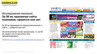 Маркетинговая группа Комплето | +7 (495) 640-89-97 | www.completo.ru
Исследования показали.
За 50 мс просмотра сайта
понимаем, нравится или нет
За 50 мс формируется первое впечатление о
сайте — нравится или нет.
Это впечатление только визуальное, т.к. за 50
мс трудно что-то прочитать или
проанализировать.
Исследование: http://www.anaandjelic.typepad.com/files/attention-web-designers-2.pdf
 