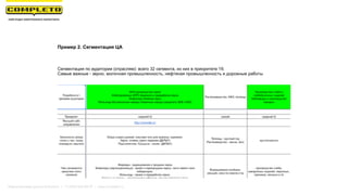 Пример 2. Сегментация ЦА
Сегментация по аудитории (отраслям): всего 32 сегмента, из них в приоритете 19.
Самые важные - зерно, молочная промышленность, нефтяная промышленность и дорожные работы
Маркетинговая группа Комплето | +7 (495) 640-89-97 | www.completo.ru
 