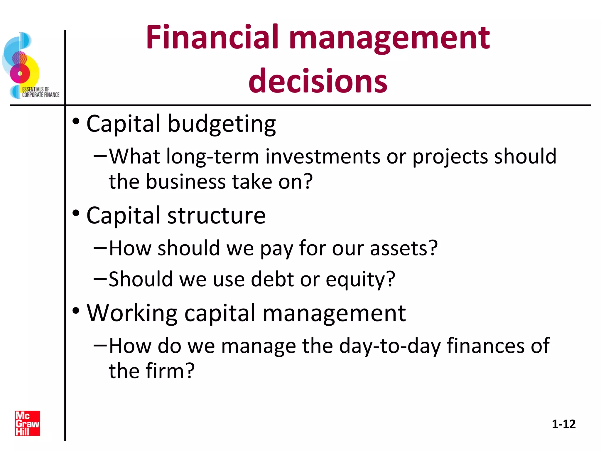 Financial management
decisions
• Capital budgeting
–What long-term investments or projects should
the business take on?
• Capital structure
–How should we pay for our assets?
–Should we use debt or equity?
• Working capital management
–How do we manage the day-to-day finances of
the firm?
1-12
 