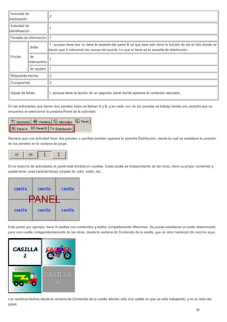 Actividad de
exploración
2
Actividad de
identificación
1
Pantalla de información 1
Puzzle
doble
1, aunque tiene dos no tiene la pestaña del panel B ya que éste sólo tiene la función de ser el sitio donde se
tienen que ir colocando las piezas del puzzle. Lo que sí tiene es la pestaña de distribución.
de
intercambio
1
de agujero 1
Respuesta escrita 2
Crucigramas 2
Sopas de letras 1, aunque tiene la opción de un segundo panel donde aparece el contenido asociado.
En las actividades que tienen dos paneles éstos se llaman A y B, y en cada uno de los paneles se trabaja desde una pestaña que se
encuentra al seleccionar la pestaña Panel de la actividad.
Siempre que una actividad tiene dos paneles o parrillas también aparece la pestaña Distribución, desde la cual se establece la posición
de los paneles en la ventana de juego.
En la mayoría de actividades el panel está dividido en casillas. Cada casilla es independiente de las otras, tiene su propio contenido y
puede tener unas características propias de color, estilo, etc.
Este panel, por ejemplo, tiene 4 casillas con contenidos y estilos completamente diferentes. Se puede establecer un estilo determinado
para una casilla, independientemente de las otras, desde la ventana de Contenido de la casilla, que se abre haciendo clic encima suyo.
Los cambios hechos desde la ventana de Contenido de la casilla afectan sólo a la casilla en que se está trabajando, y no al resto del
panel.
 