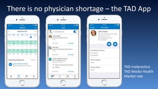 There is no physician shortage – the TAD App
TAD malpractice
TAD Modio Health
Market rate
 
