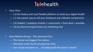 Telehealth
• VSee Clinic
– 1.0 the fastest and most flexible platform to build your digital health
– 1.1 the easiest way to sell your hardware and software components
– 2.0 chatbot / symptom checker + community + front desk + provider
– 3.0 my doctor/hospital loves me marketing tool
• VSee Medical Group – This American Doc
– The fastest and biggest fire station
– Monetize small chunks of physician time
– Use virtual assistants to … including build the doctor’s brand
 