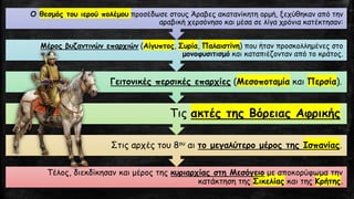 Τέλος, διεκδίκησαν και μέρος της κυριαρχίας στη Μεσόγειο με αποκορύφωμα την
κατάκτηση της Σικελίας και της Κρήτης.
Στις αρχές του 8ου αι το μεγαλύτερο μέρος της Ισπανίας.
Τις ακτές της Βόρειας Αφρικής
Γειτονικές περσικές επαρχίες (Μεσοποταμία και Περσία).
Μέρος βυζαντινών επαρχιών (Αίγυπτος, Συρία, Παλαιστίνη) που ήταν προσκολλημένες στο
μονοφυσιτισμό και καταπιέζονταν από το κράτος.
Ο θεσμός του ιερού πολέμου προσέδωσε στους Άραβες ακατανίκητη ορμή, ξεχύθηκαν από την
αραβική χερσόνησο και μέσα σε λίγα χρόνια κατέκτησαν:
 