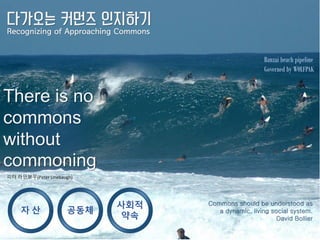 There is no
commons
without
commoning
다가오는 커먼즈 인지하기
Recognizing of Approaching Commons
Commons should be understood as
a dynamic, living social system.
David Bollier
피터 라인보우(Peter Linebaugh)
Banzai beach pipeline
Governed by WOLFPAK
자 산 공동체
사회적
약속
 