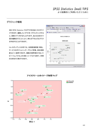 SPSS Statistics Small TIPS
より効果的にご利用いただくために
8/9
グラフィック機能
IBM SPSS Statistics ではグラフを自由にカスタマイ
ズできます。編集したいグラフを ダブルクリックする
と、図表エディタが立ち上がります。あとはお好みで
図の編集を行うことにより、例えば下のようなグラフ
を作成することができます。
コレスポンデンス分析では、各種意識調査（商品、
サービスのポジショニング、ブランド評価、満足度調
査など）に適用できます。複数の質問項目であって
も「1=Yes」「0=No」の２値にコード化する事で、同様
の分析を行う事ができます。
 