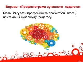 Вправа: «Професіограма сучасного педагога»
Мета: з'ясувати професійні та особистісні якості,
притаманні сучасному педагогу.
 
