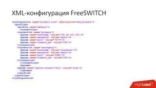 XML-конфигурация FreeSWITCH
<configuration name="hiredis.conf" description="mod_hiredis">
<profiles>
<profile name="default">
<connections>
<connection name="primary">
<param name="hostname" value="172.18.101.101"/>
<param name="password" value="redis"/>
<param name="port" value="6379"/>
<param name="timeout_ms" value="500"/>
</connection>
<connection name="secondary">
<param name="hostname" value="localhost"/>
<param name="password" value="redis"/>
<param name="port" value="6380"/>
<param name="timeout_ms" value="500"/>
</connection>
</connections>
<params>
<param name="ignore-connect-fail" value="true"/>
</params>
</profile>
</profiles>
</configuration>
 