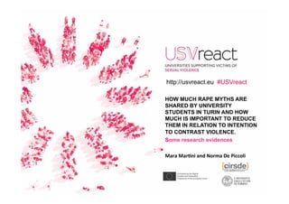 HOW MUCH RAPE MYTHS ARE
SHARED BY UNIVERSITY
STUDENTS IN TURIN AND HOW
MUCH IS IMPORTANT TO REDUCE
THEM IN RELATION TO INTENTION
TO CONTRAST VIOLENCE.
Some research evidences
	
Mara	Mar�ni	and	Norma	De	Piccoli	
http://usvreact.eu #USVreact
 